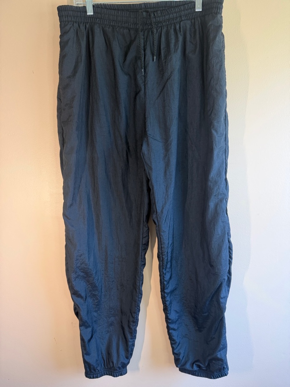 Vintage Men's Black Elastic Waist Windbreaker Pants